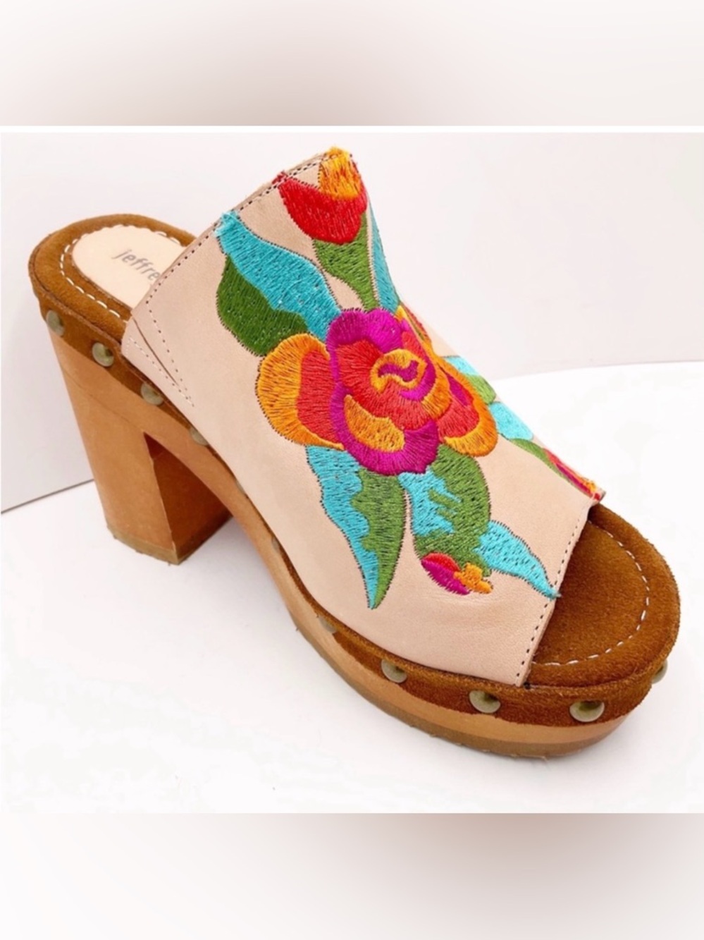 Jeffrey Campbell Beige Slide Mule with Multicolor Floral Embroidery Sz.8